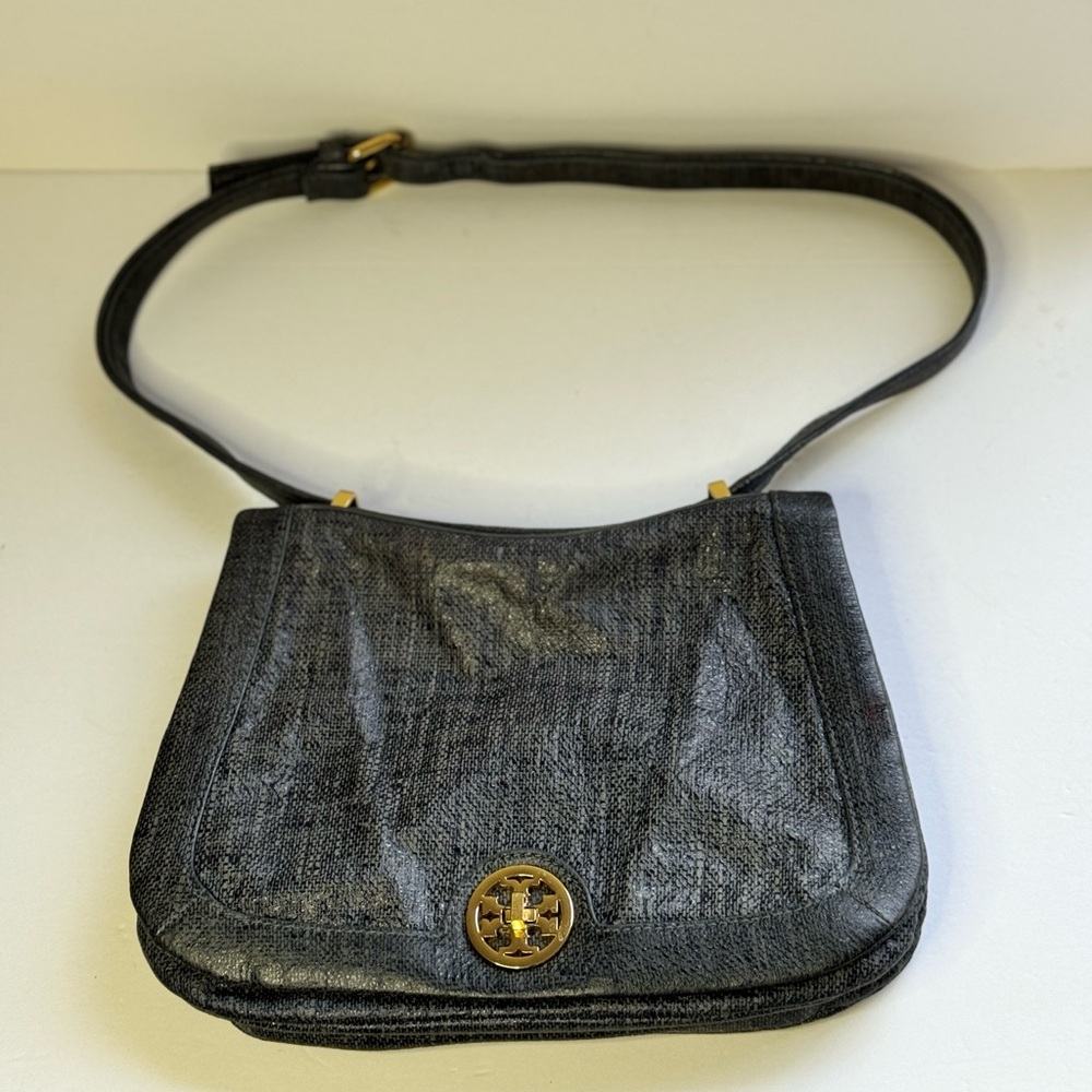 TORY BURCH Grey Leather Saddle Bag W/Trademark Gold Tone Lock